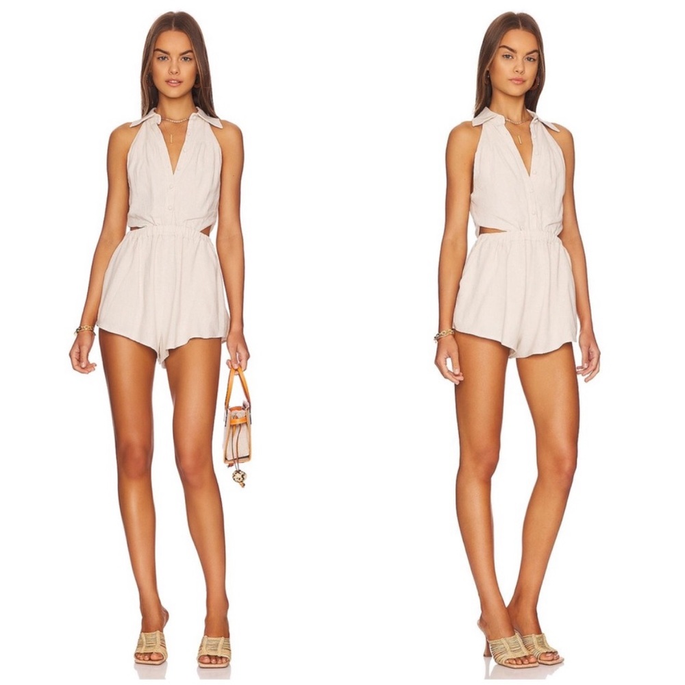 Revolve Camila Coelho Skyler Linen Romper in Oatmeal